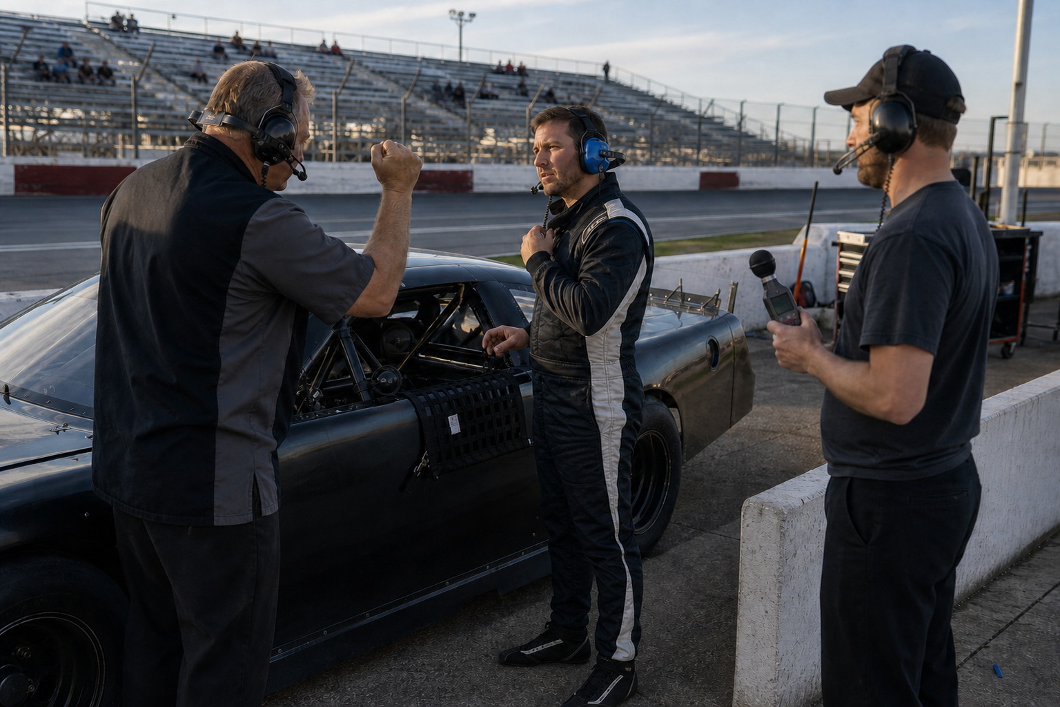 A short-track driver and crew chief test hearing protection, radio communication and a hand signal beside a parked stock car