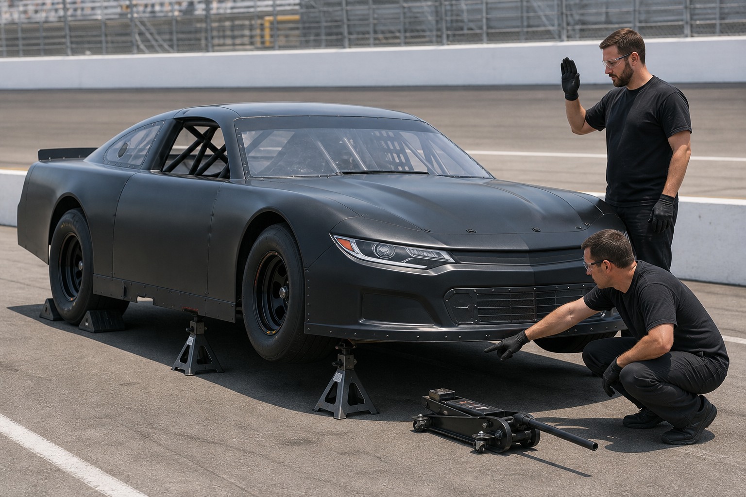 Two short-track crew members verify jack stands and wheel chocks beside a raised stock car before under-car work