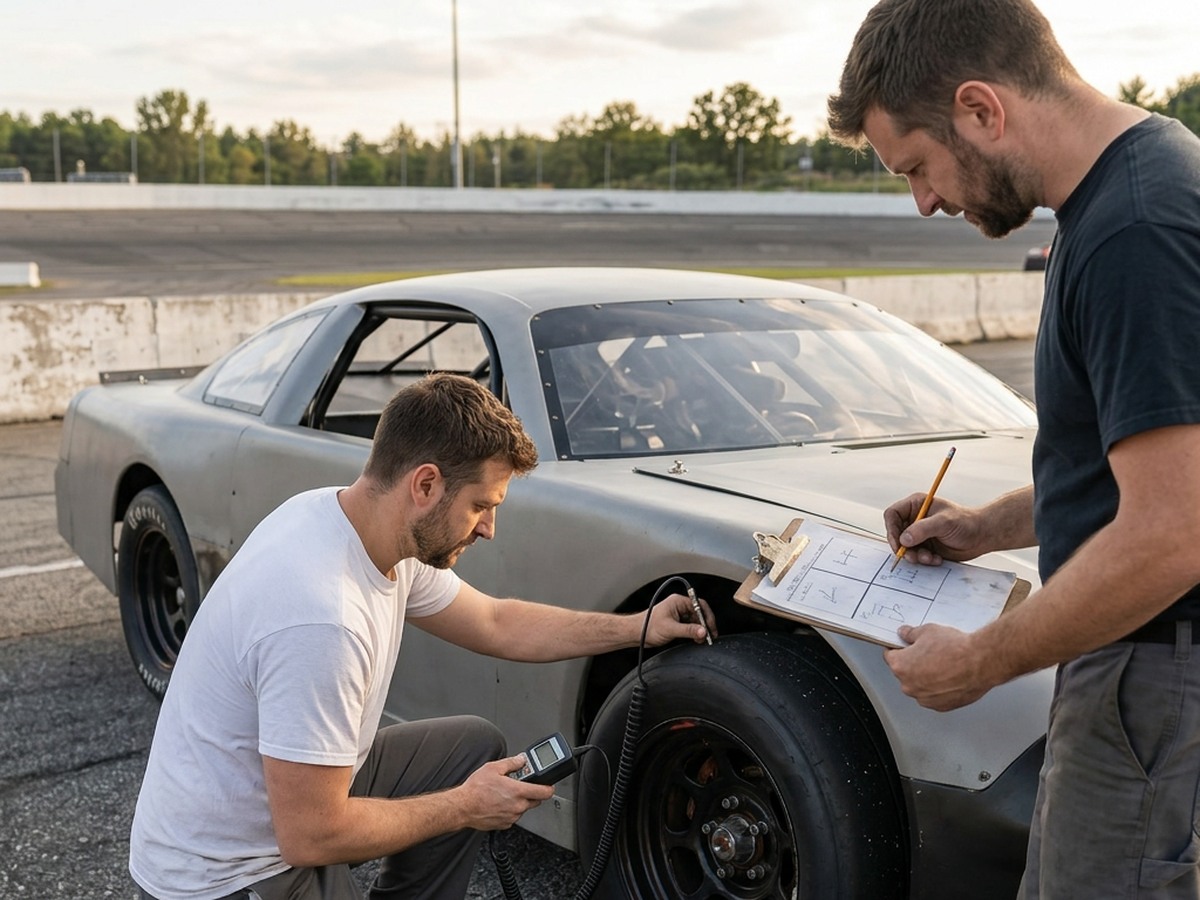 Two short-track crew members measure a hot right-front tire and record the reading after practice