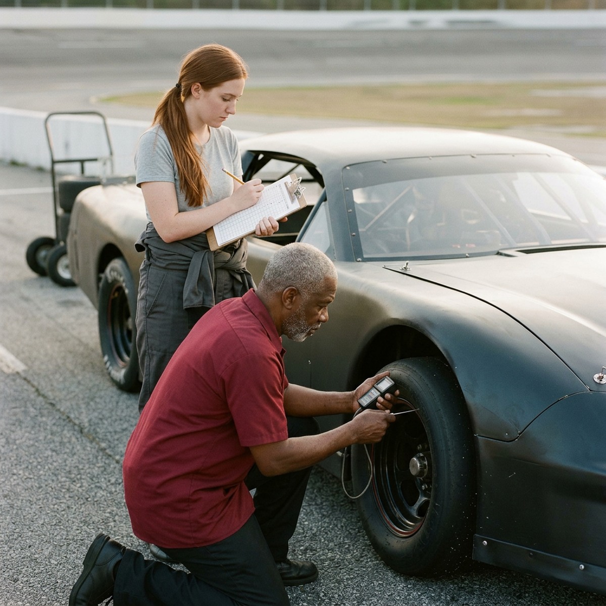 An older crew chief measures the hot right-front tire while a younger driver records the reading after practice