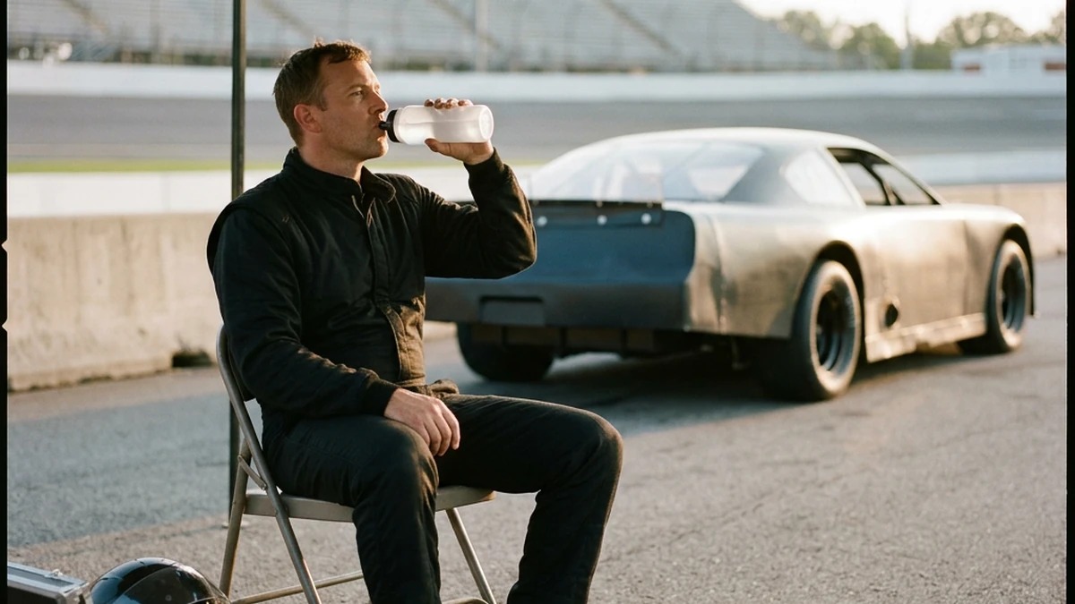 Stock-car driver drinking water in a shaded pit-area recovery seat during a hot short-track event